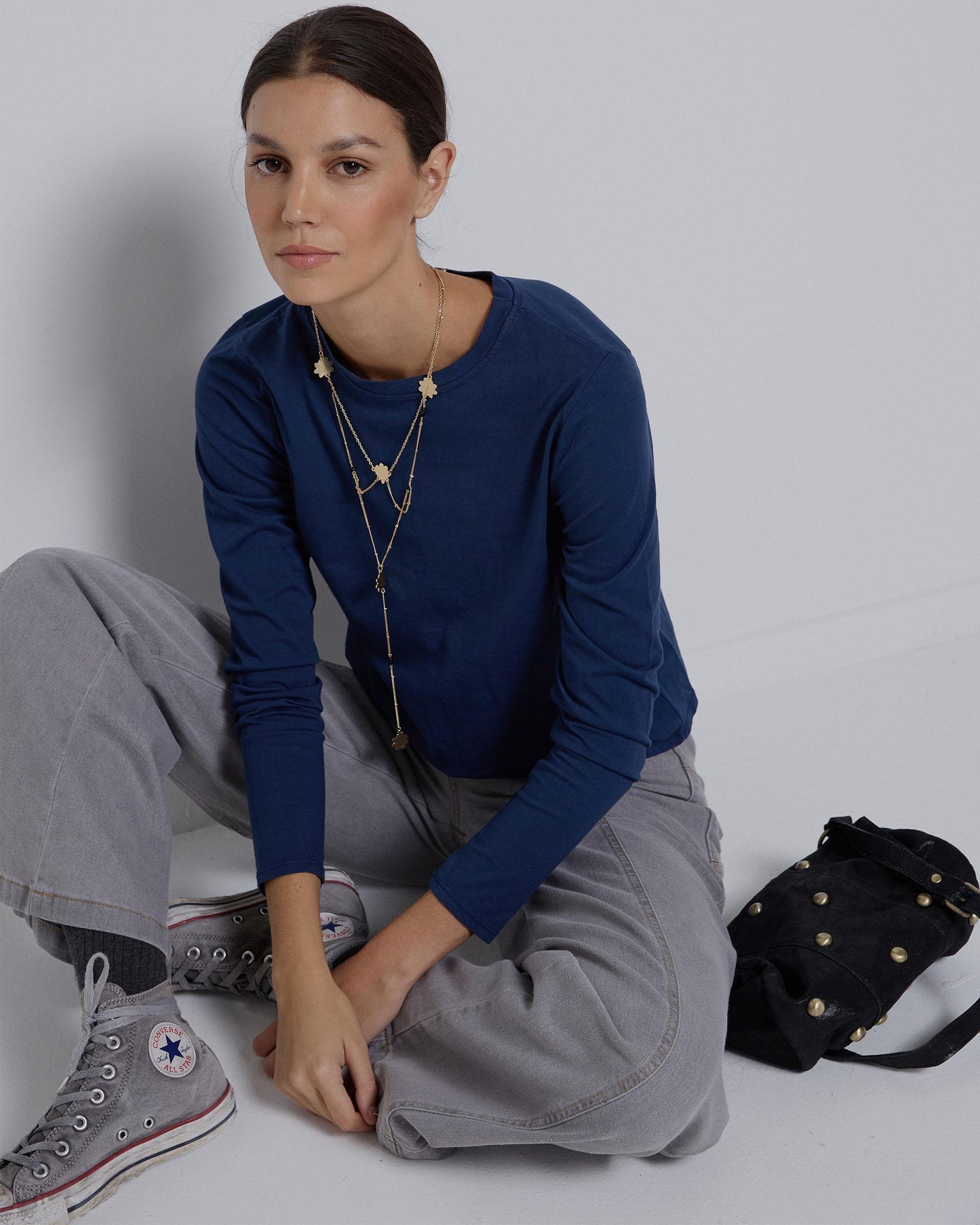 T-shirt básica azul marinho manga comprida