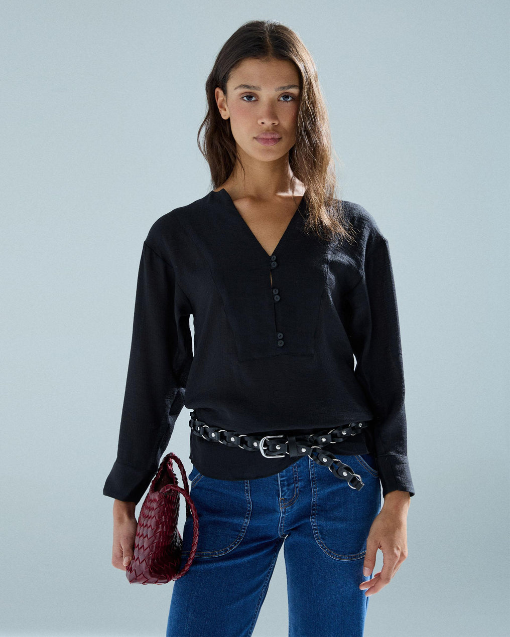 Blusa Canesú Triangular Botones Negro