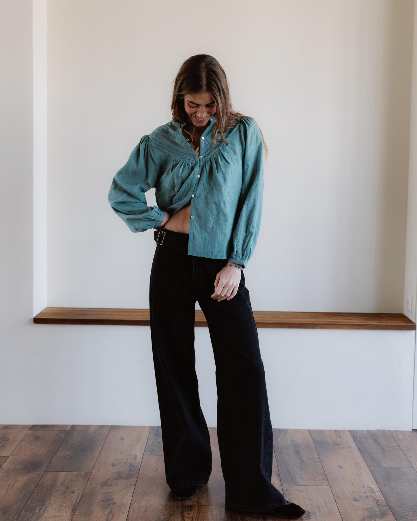 Blusa Tejido Rayas Puntillas Verde Agua