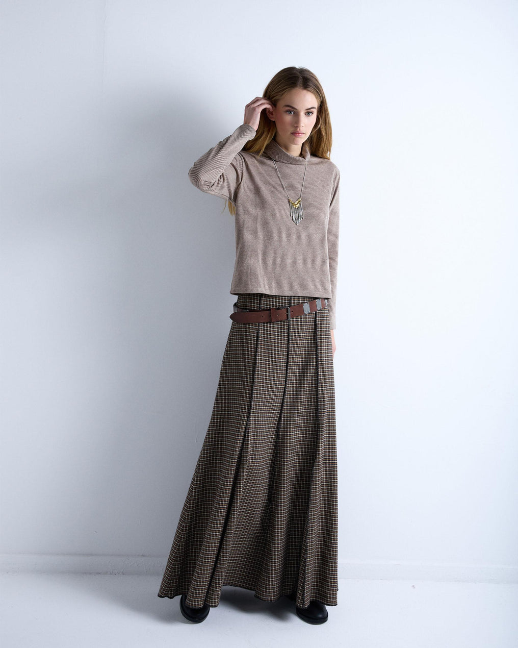 Long Skirt with Checkered Print in Brown
