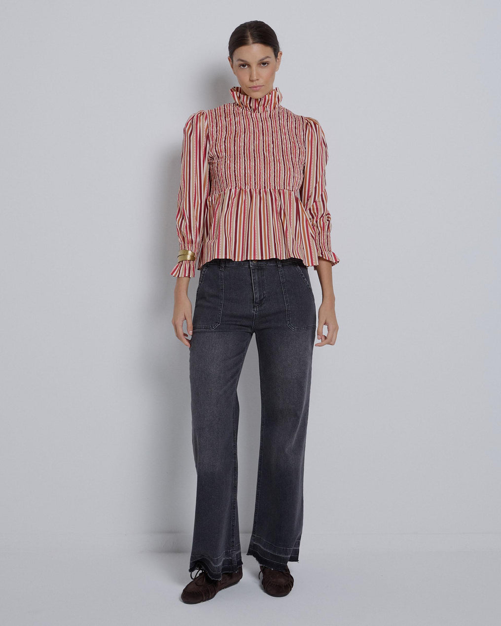 Blusa Nido De Abeja Estampado Rayas Granate