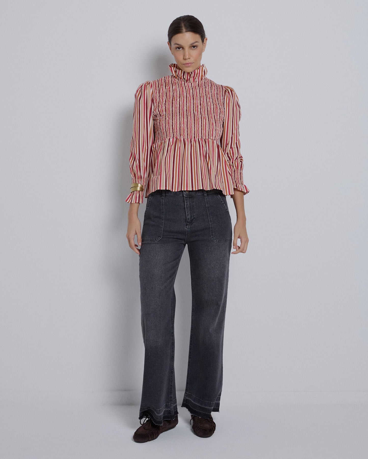 Blusa Nido De Abeja Estampado Rayas Granate