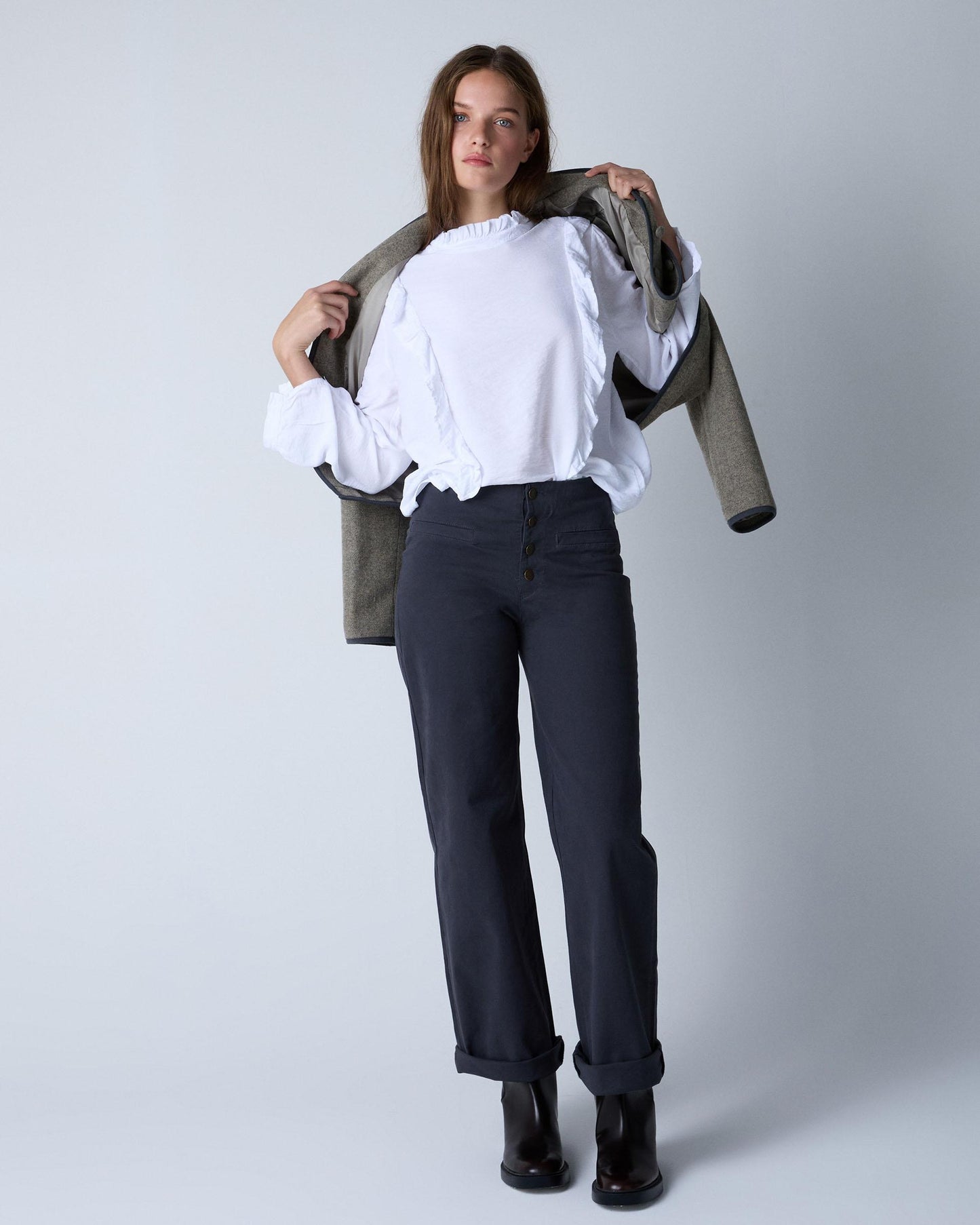 White Blouse with Side Ruffles and Collar