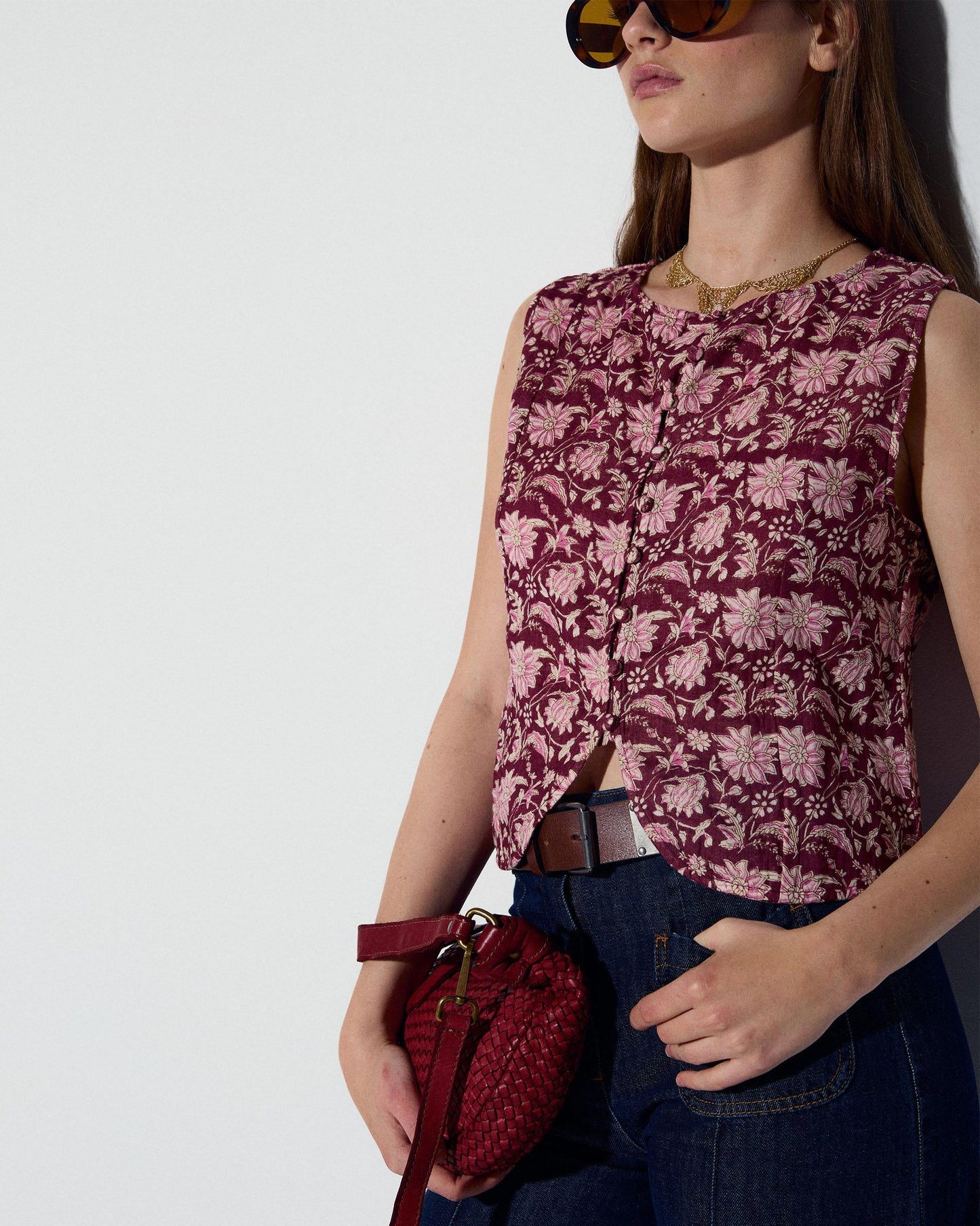 Top with Covered Buttons in a Burgundy Floral Print