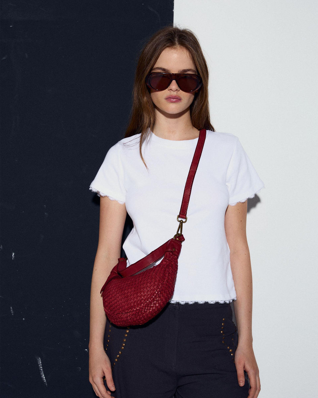 Red Braided Leather Shoulder Bag