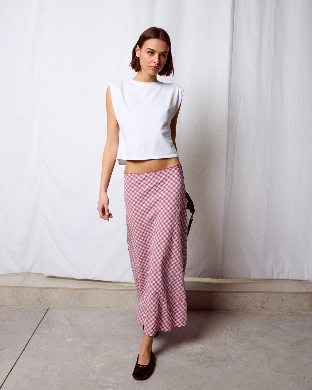 Falda Fluida Cuadros Rosa