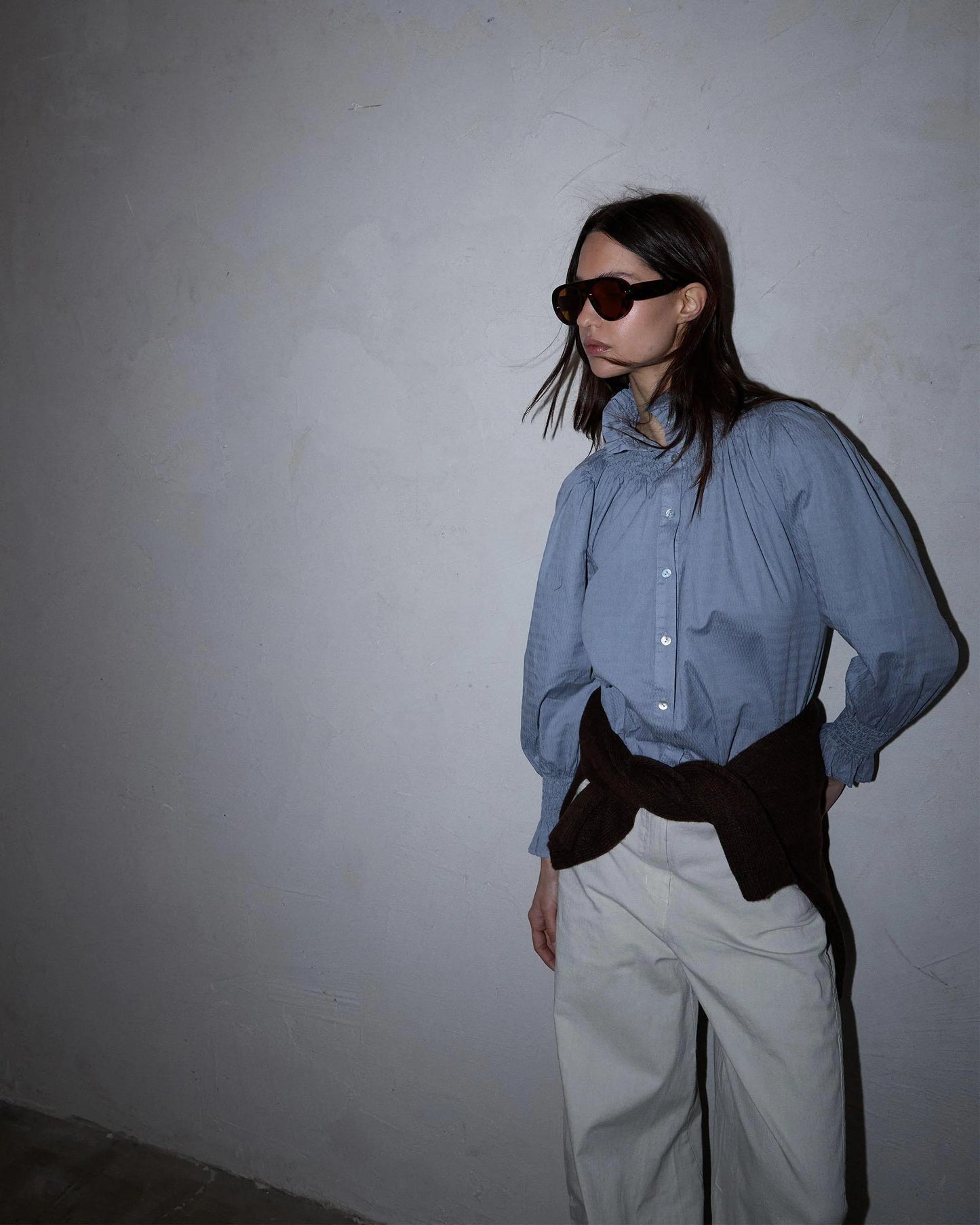 Honeycomb Blouse with Light Blue Collar