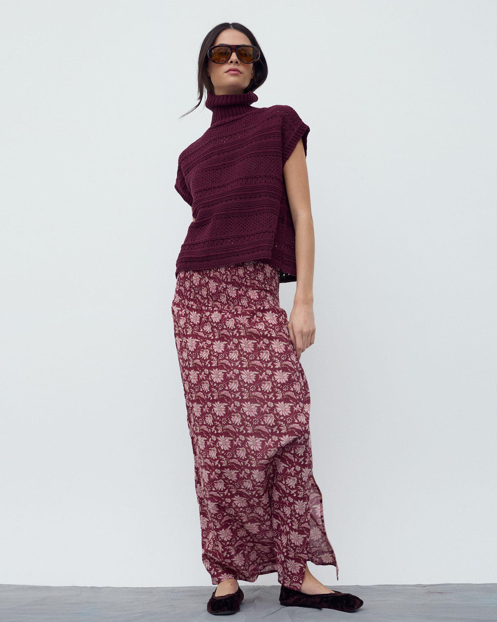 Falda Larga Nido De Abeja Estampado Floral Granate