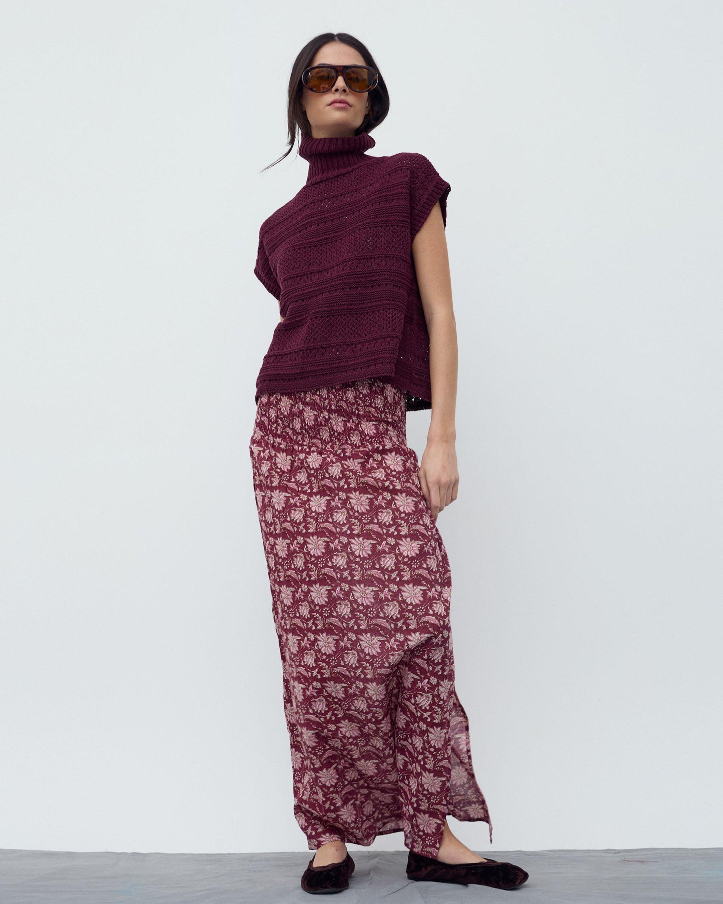 Falda Larga Nido De Abeja Estampado Floral Granate