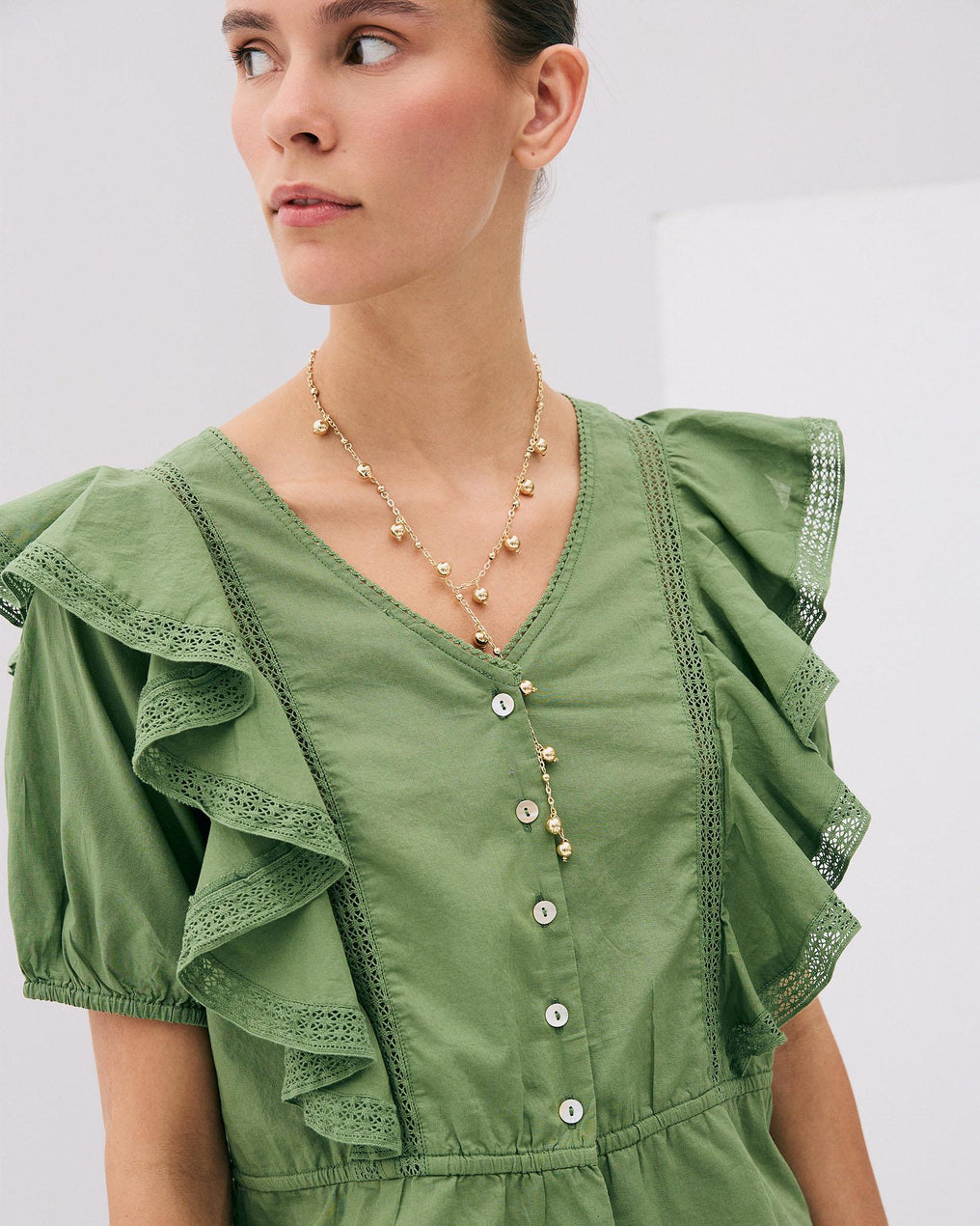 Short Sleeve Ruffle Button Up Blouse Green