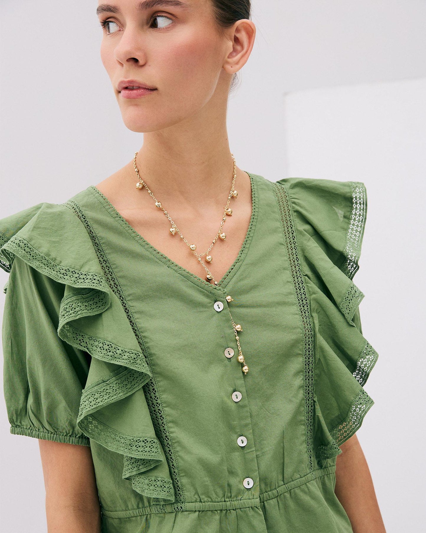 Short Sleeve Ruffle Button Up Blouse Green