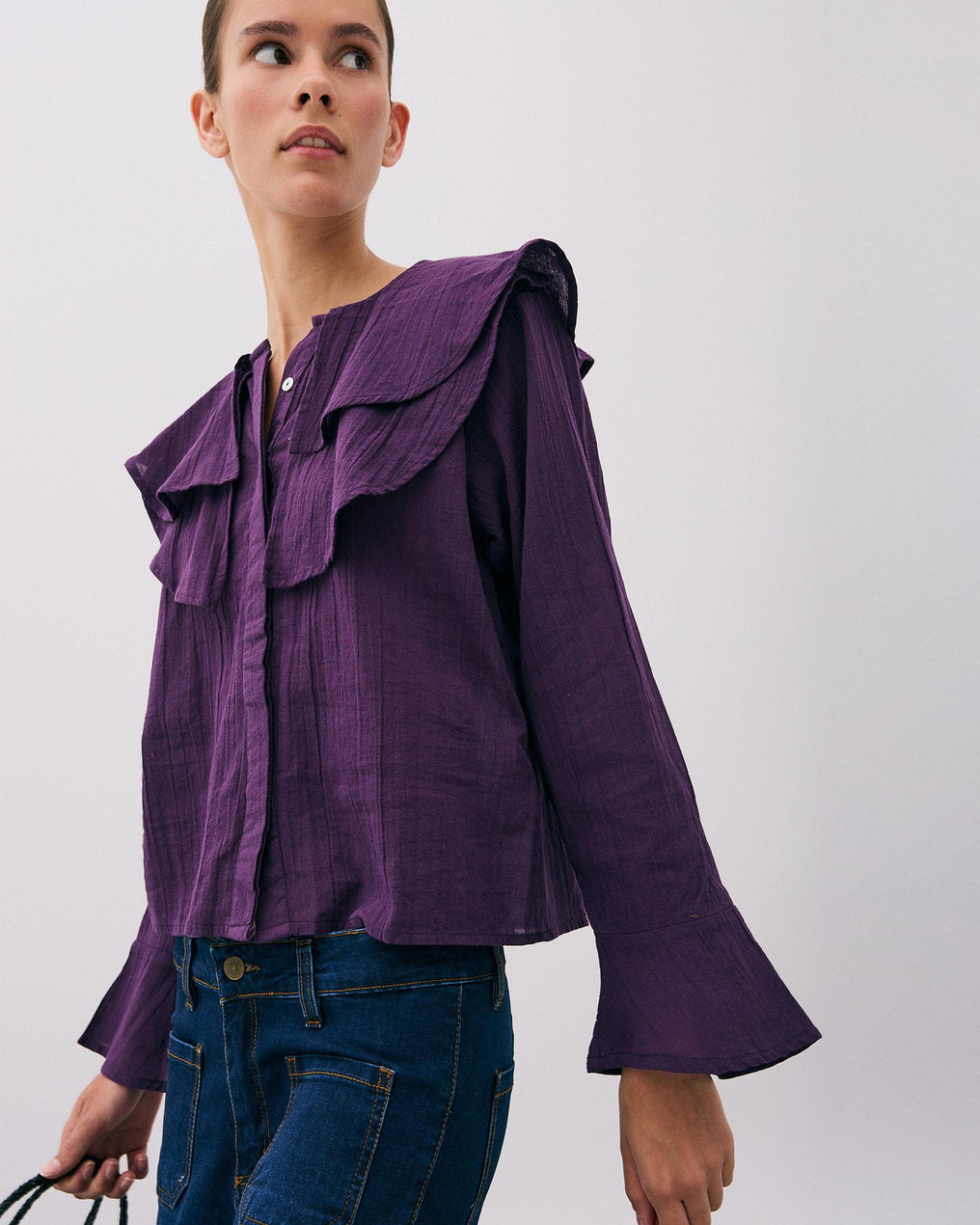 Purple Asymmetrical Ruffle Blouse