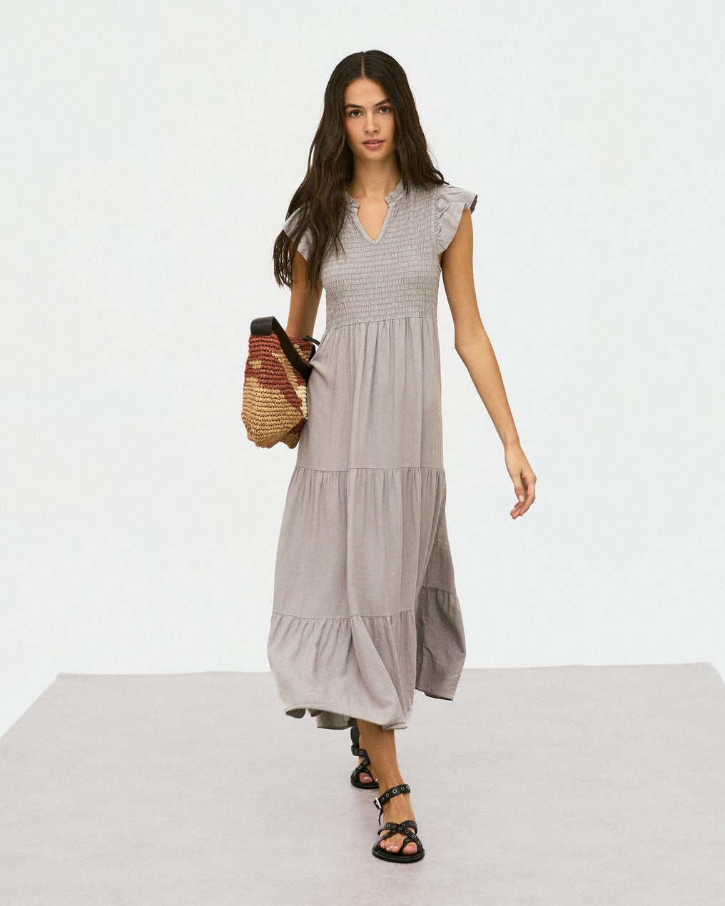 Vestido Largo Lino Nido De Abeja Taupe
