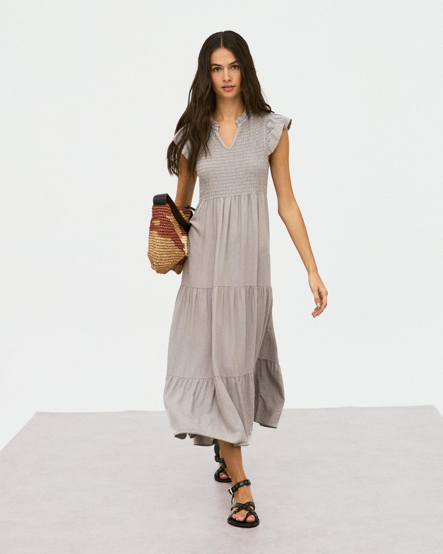 Vestido Largo Lino Nido De Abeja Taupe