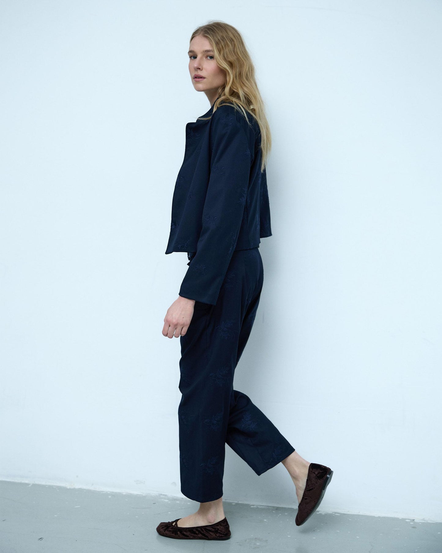 Dark Blue Floral Embroidered Trousers