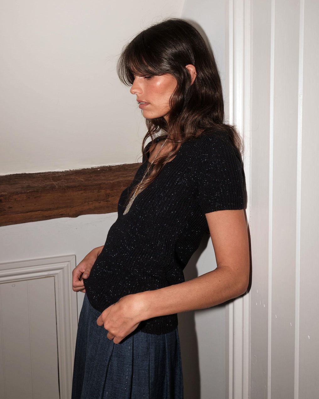 Navy Blue Lurex Square Neck Knit Top