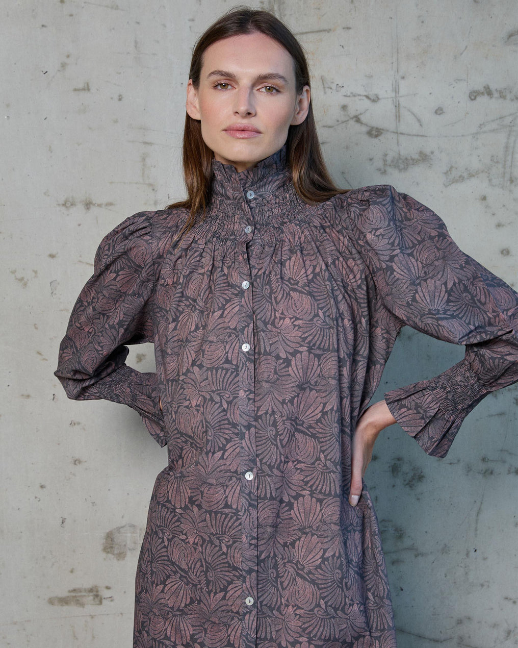 Vestido Manga Abullonada Estampado Antracita