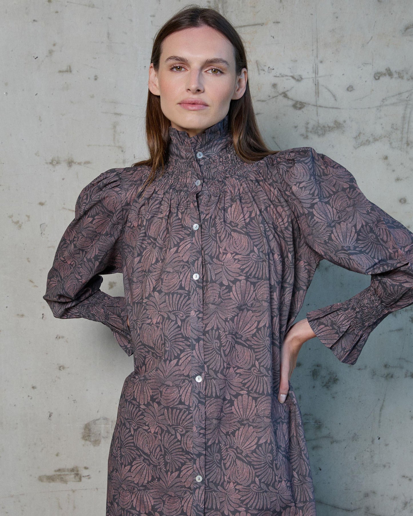 Vestido Manga Abullonada Estampado Antracita