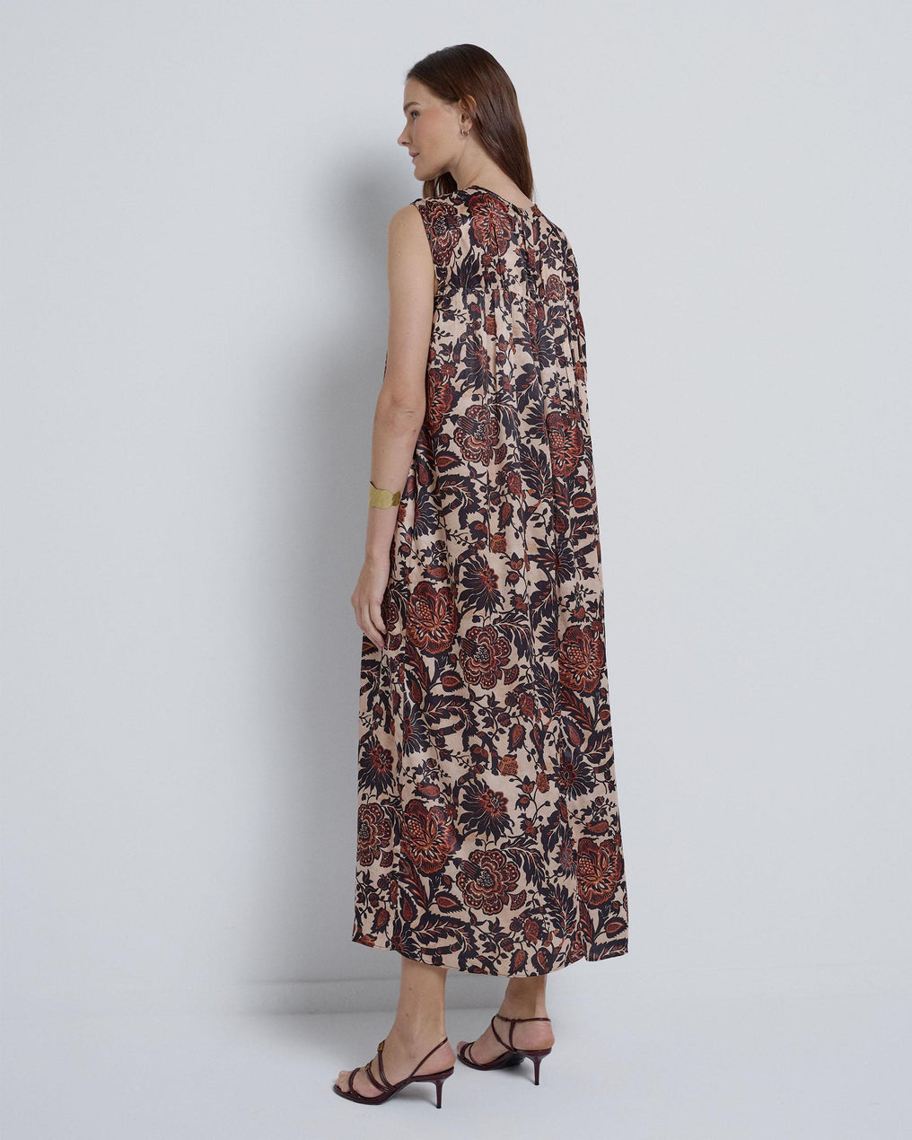 Vestido Largo Frunce Escote Marrón