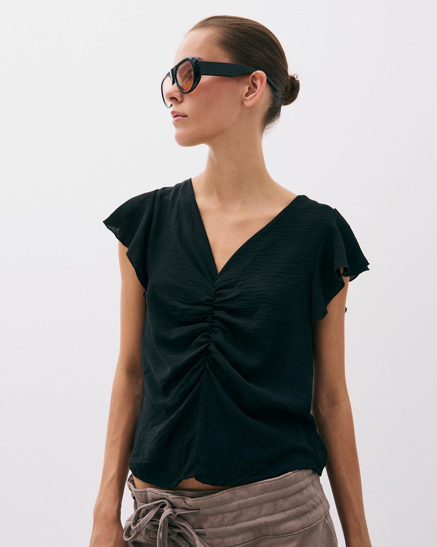 Black Gathered Short Sleeve Blouse