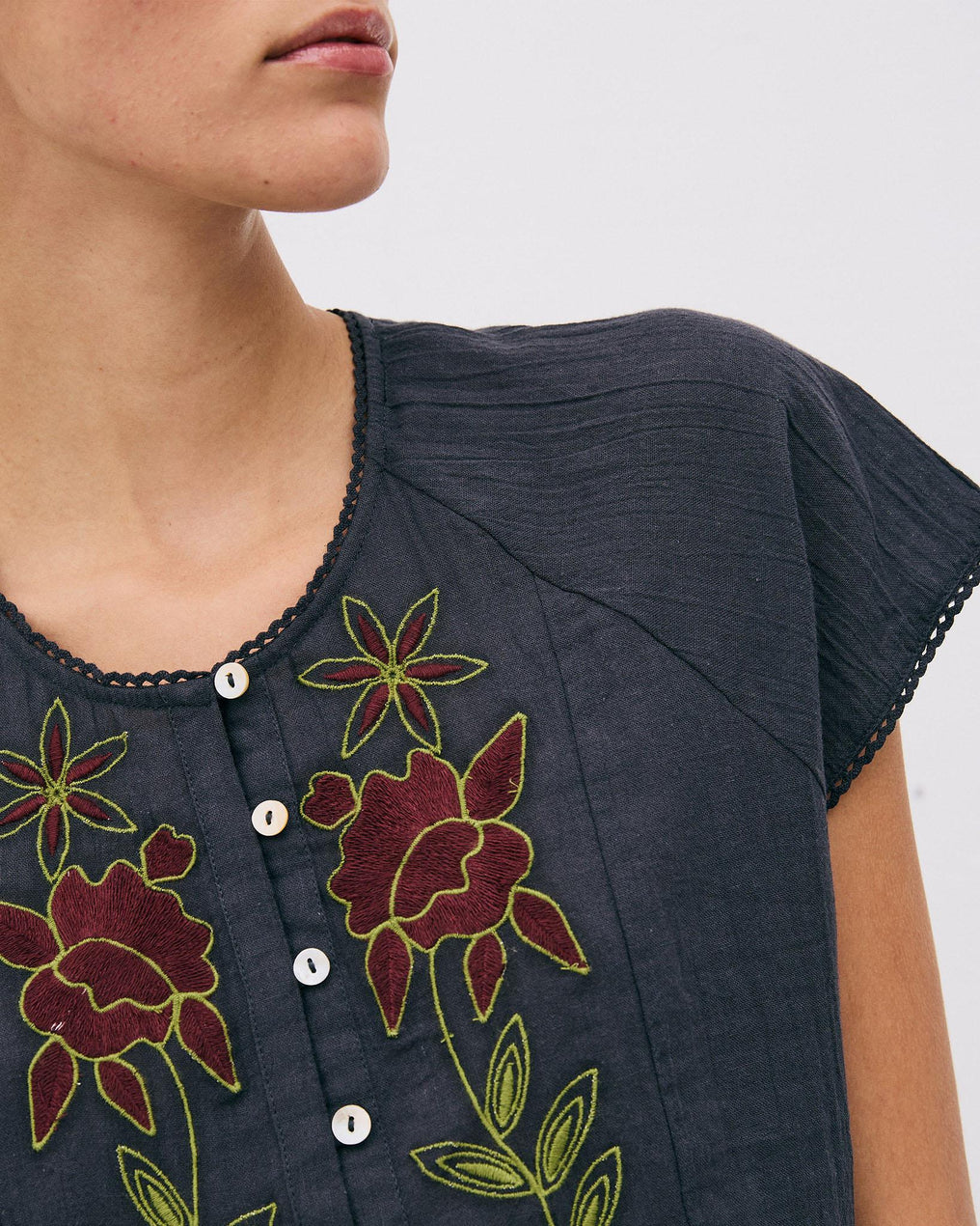 Anthracite Floral Embroidered Sleeveless Blouse