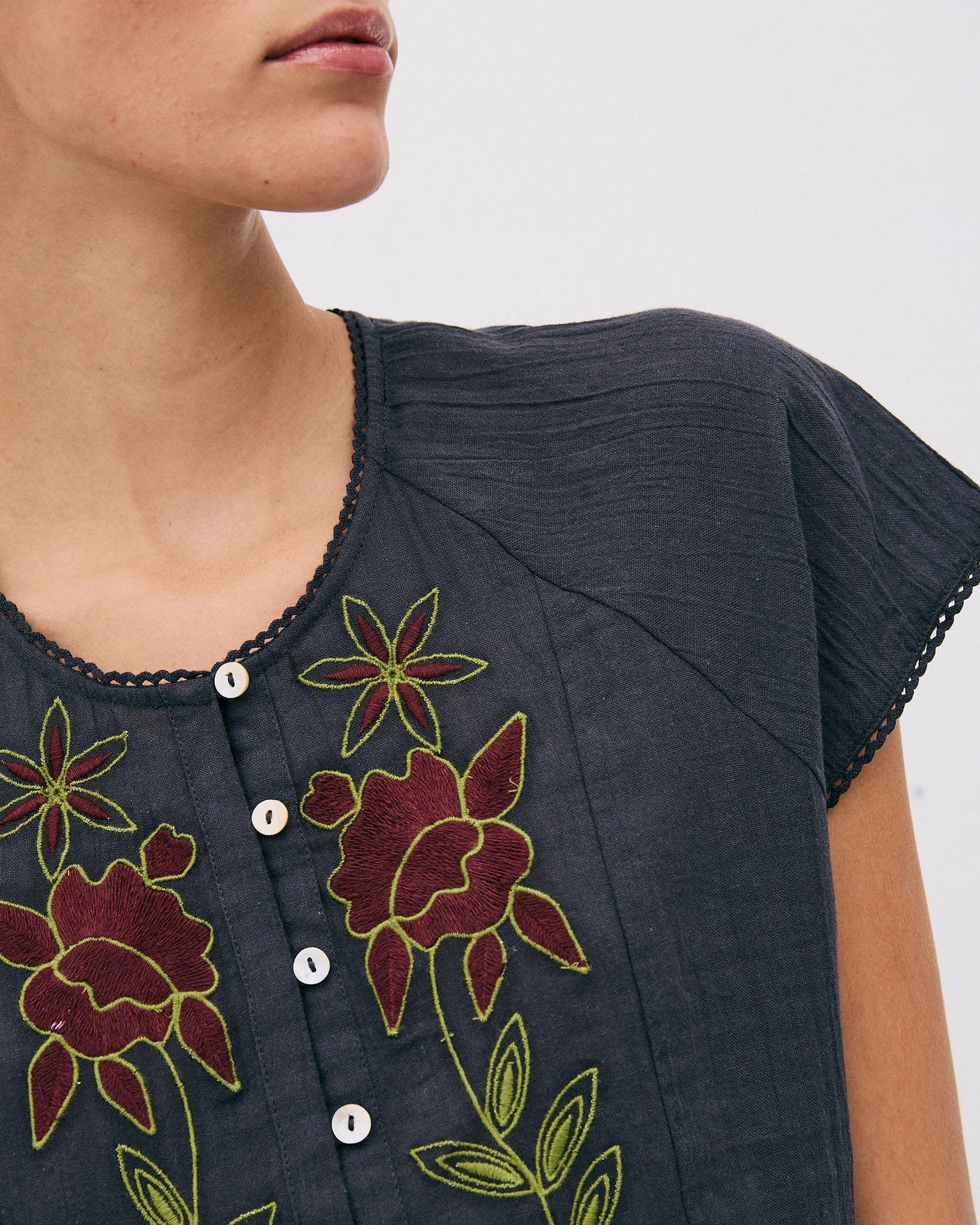 Anthracite Floral Embroidered Sleeveless Blouse