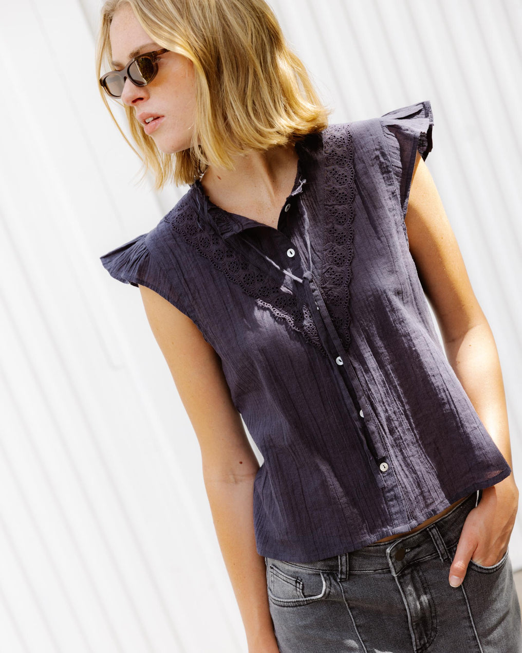 Anthracite Cut-Out Ruffle Sleeveless Blouse