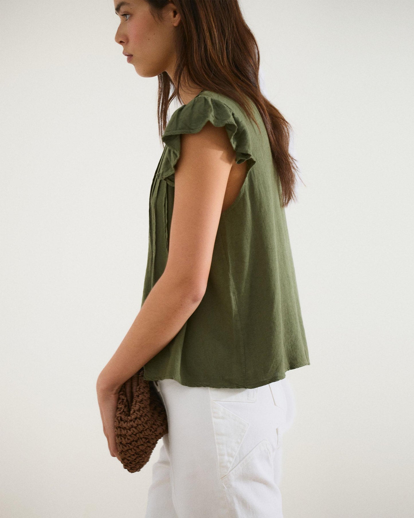 Blusa Jaretas Con Lino Verde Oscuro