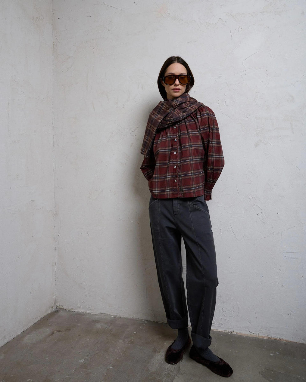 Blusa Nido De Abeja Cuello Cuadros Granate