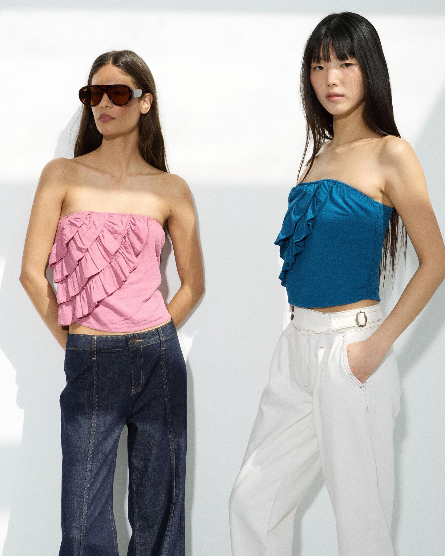 Blue Ruffle Bandeau Top