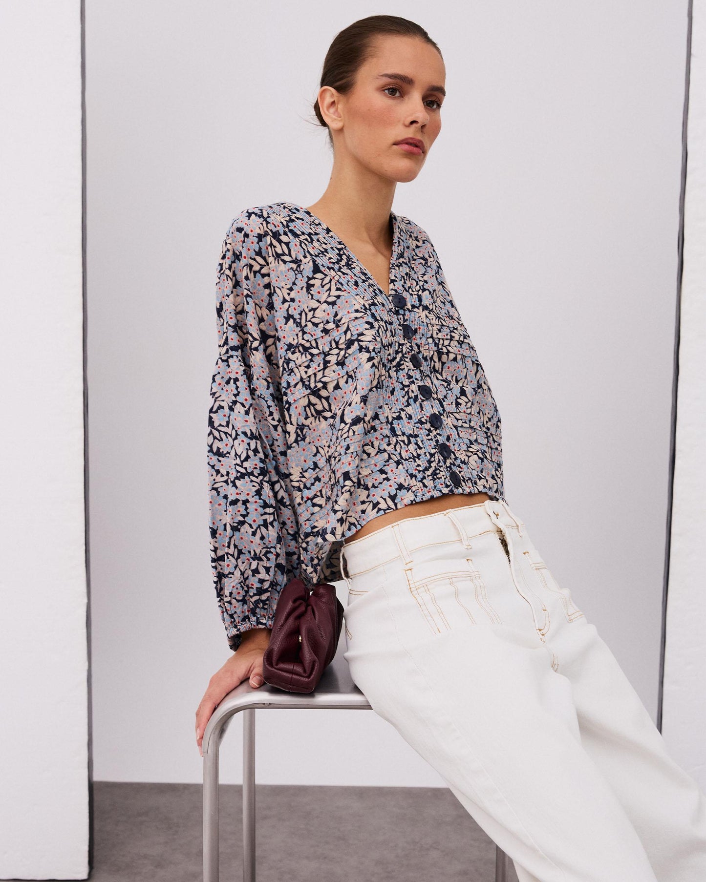 Blusa Pliegues Estampado Floral Azul