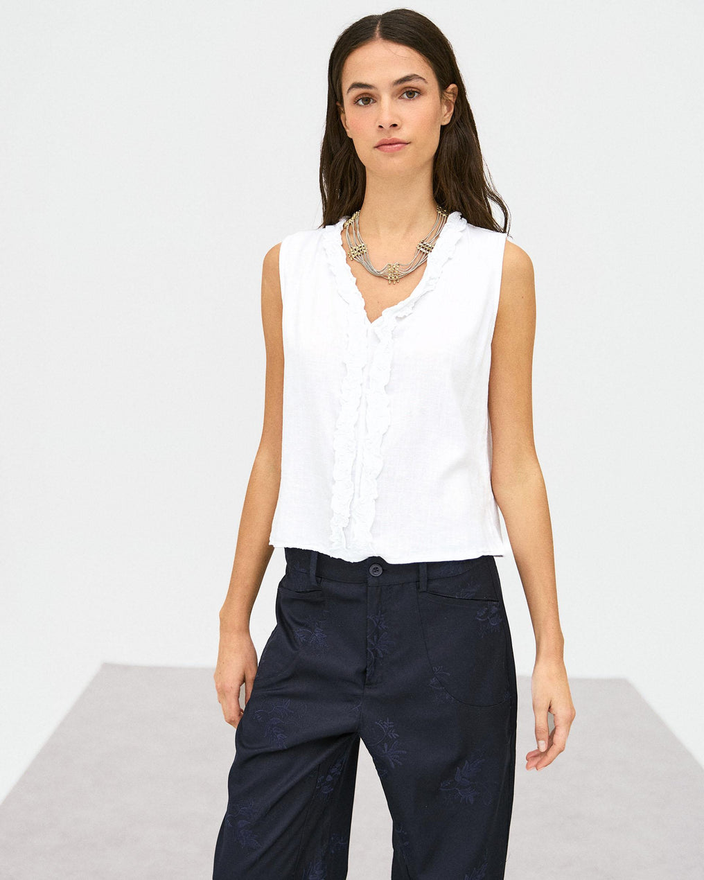 Top Décolleté en V Volants Lin Blanc
