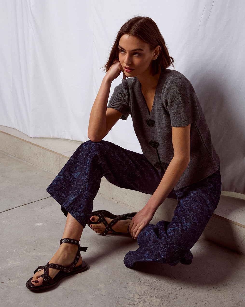 Jeans Wide Leg Estampado Azul Oscuro