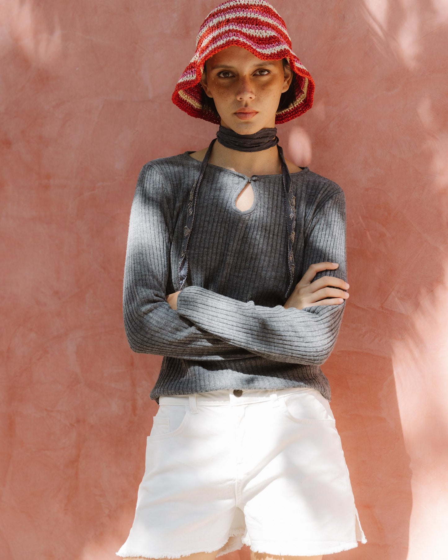 Grey Teardrop Neck Knit Top