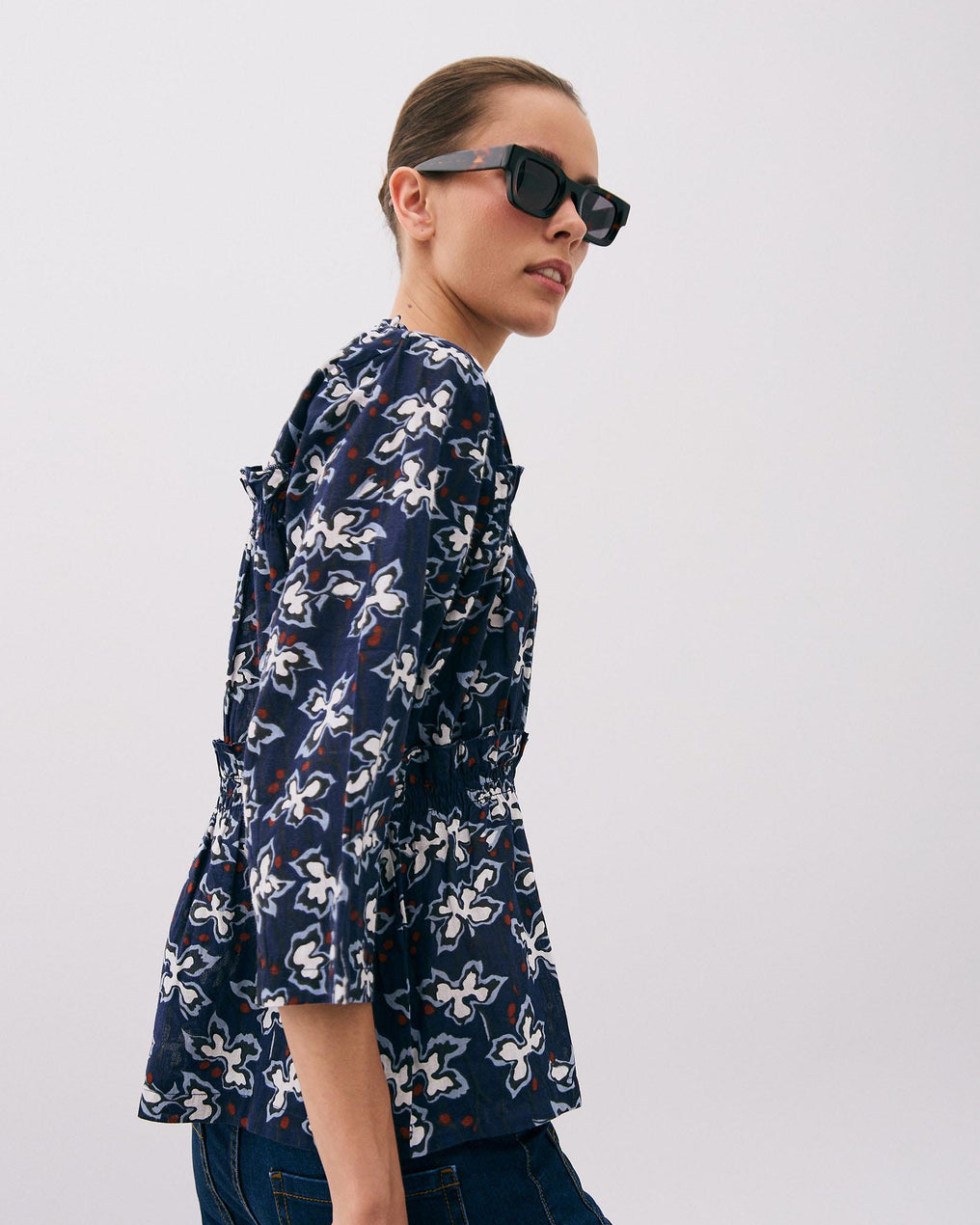 Navy Blue Floral Print Long Sleeve Blouse with Gathers