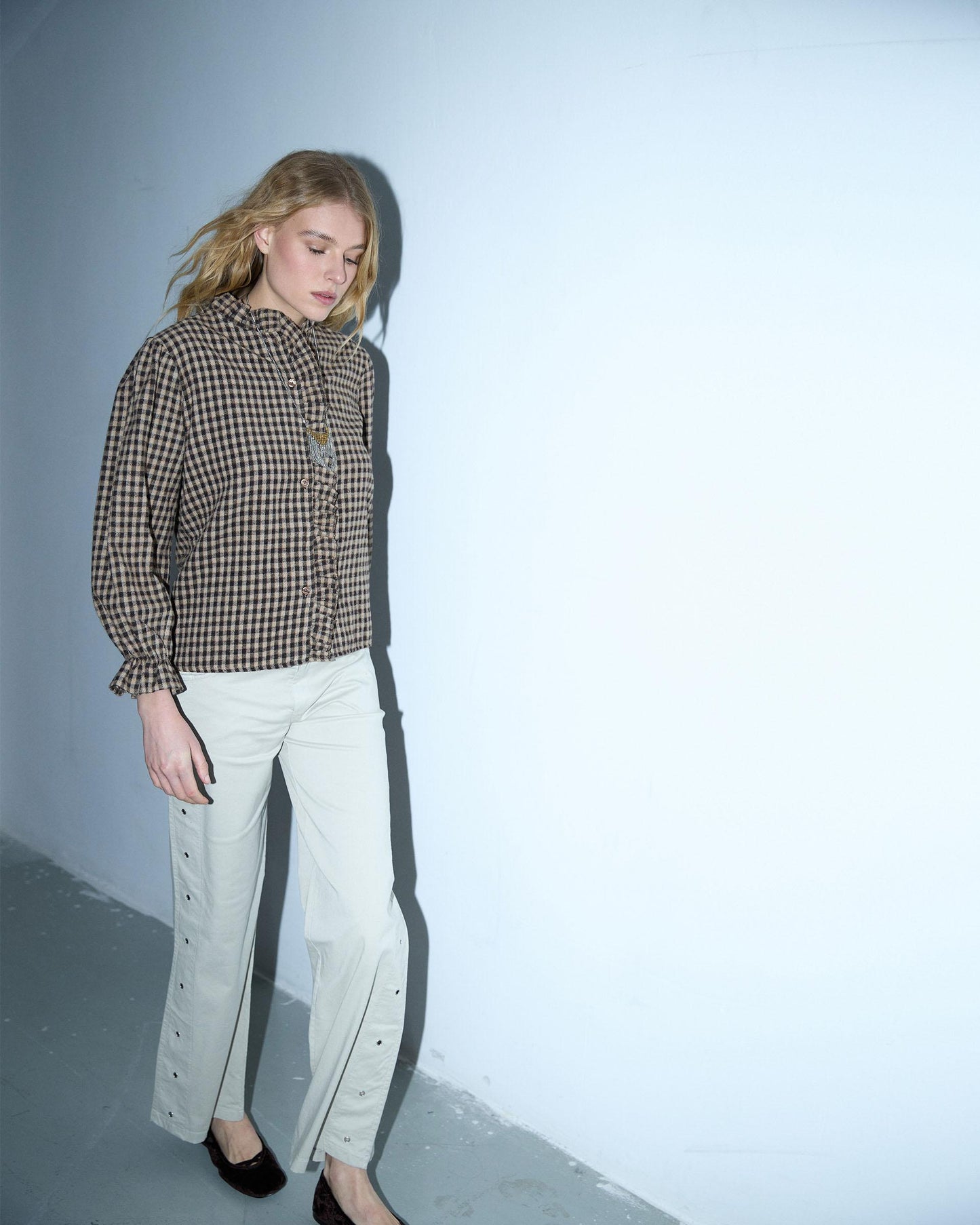 Plaid Blouse with Mandarin Collar and Ruffle, Brown