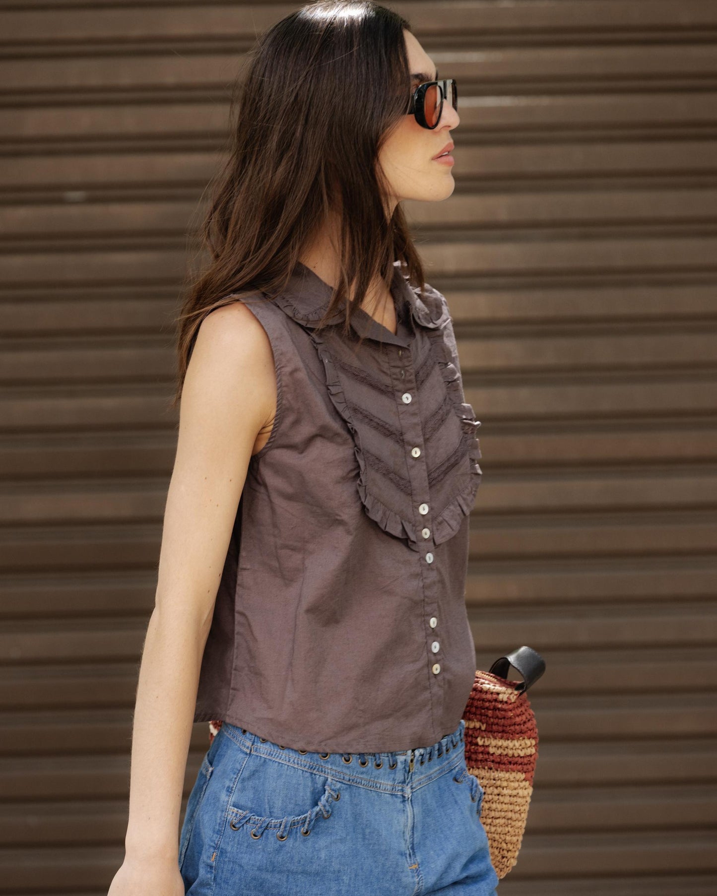 Sleeveless Blouse with Brown Bib