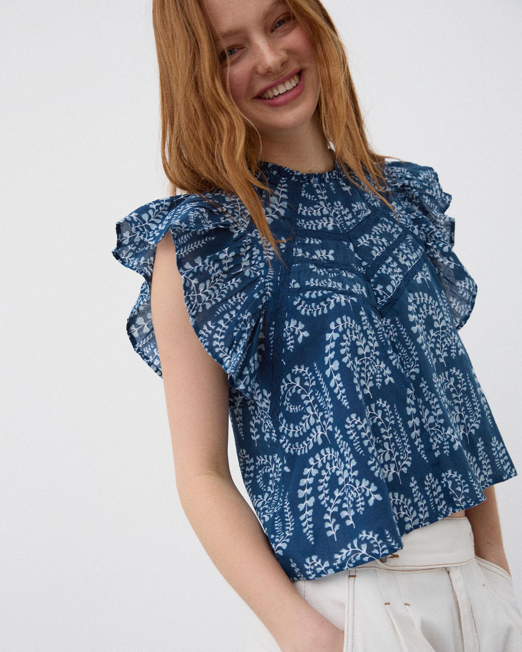 Blusa Manga Corta Volantes Puntillas Estampada Azul Oscuro