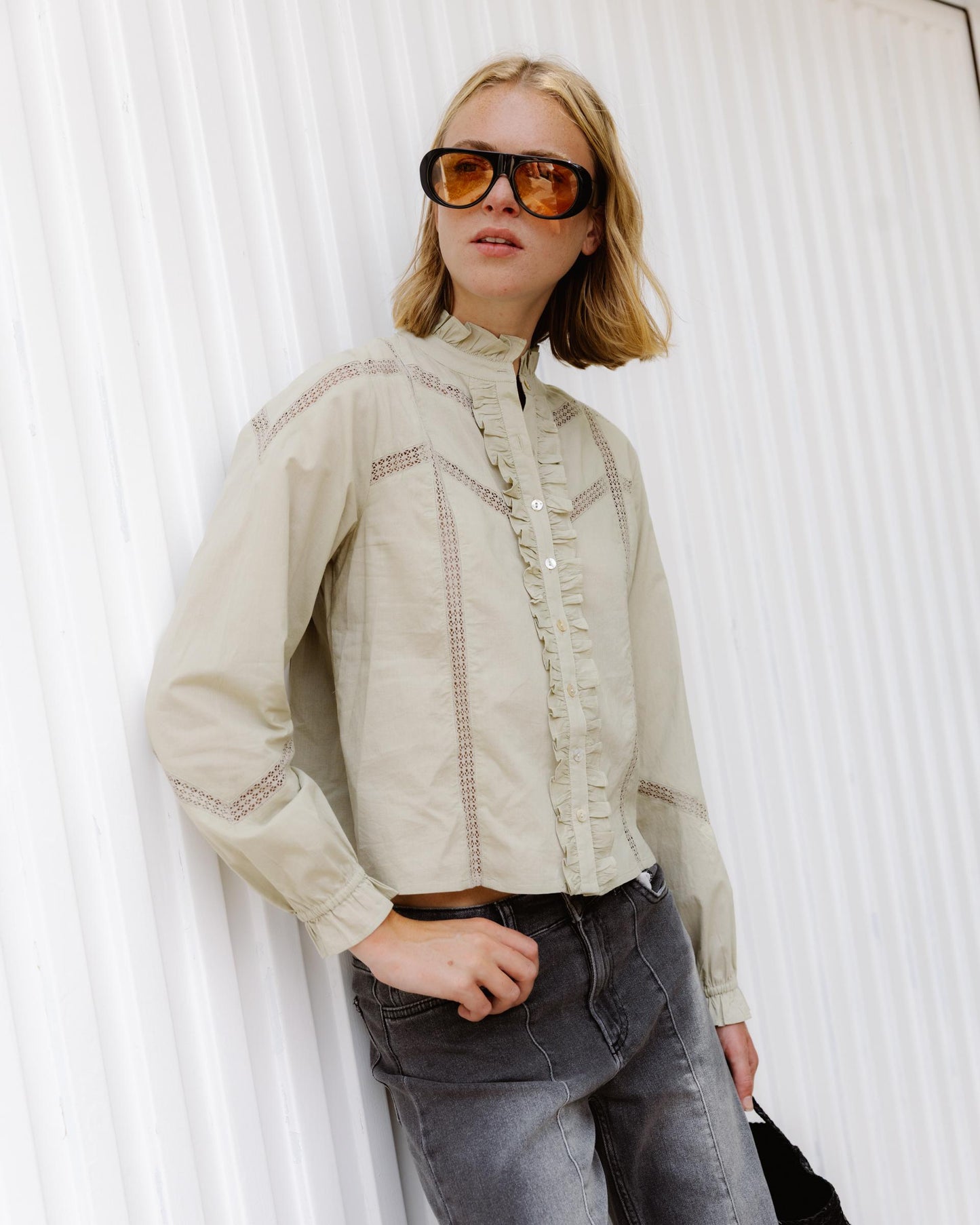 Blouse Dentelle Volant Avant Vert