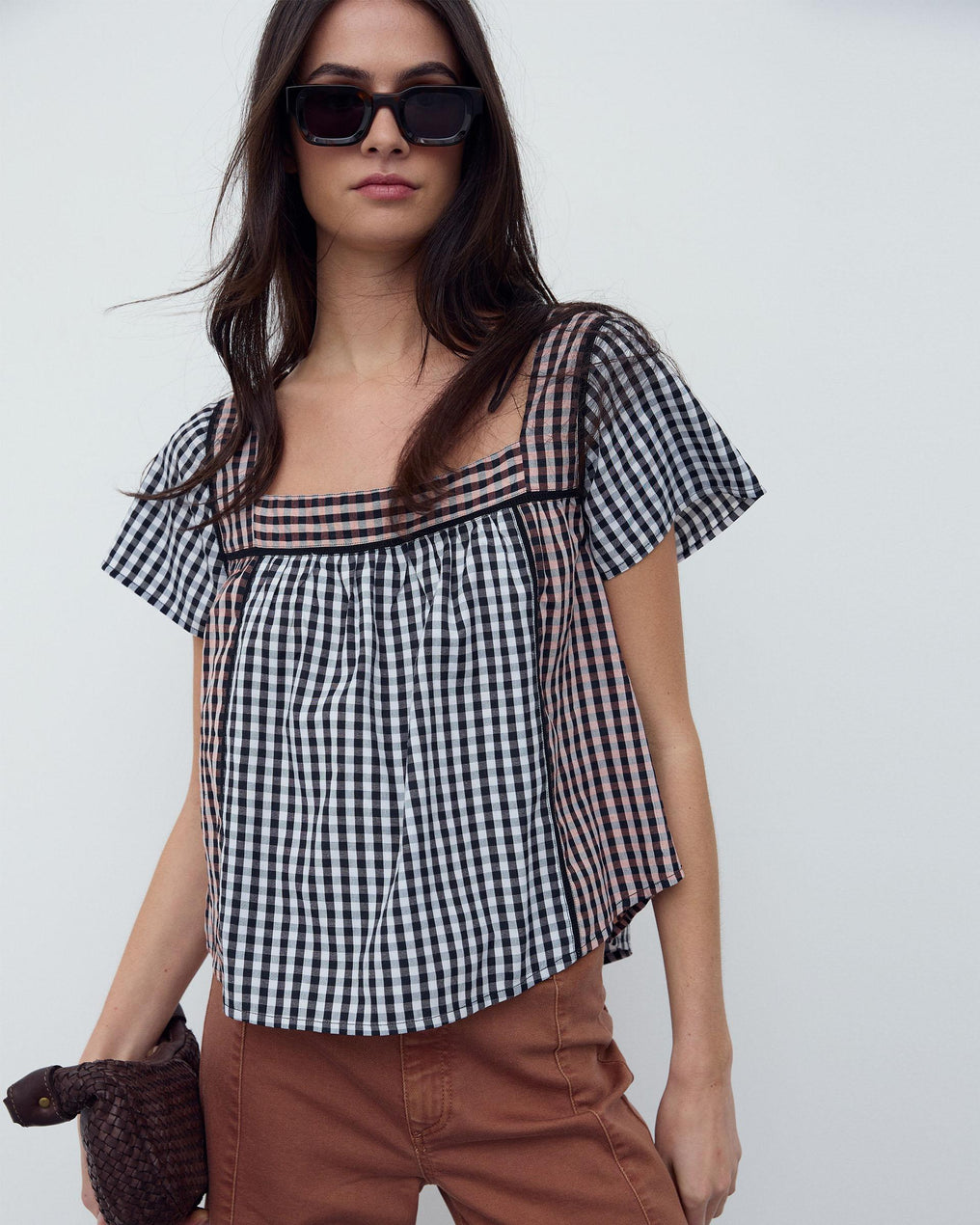 Gingham Blouse with Black Contrast