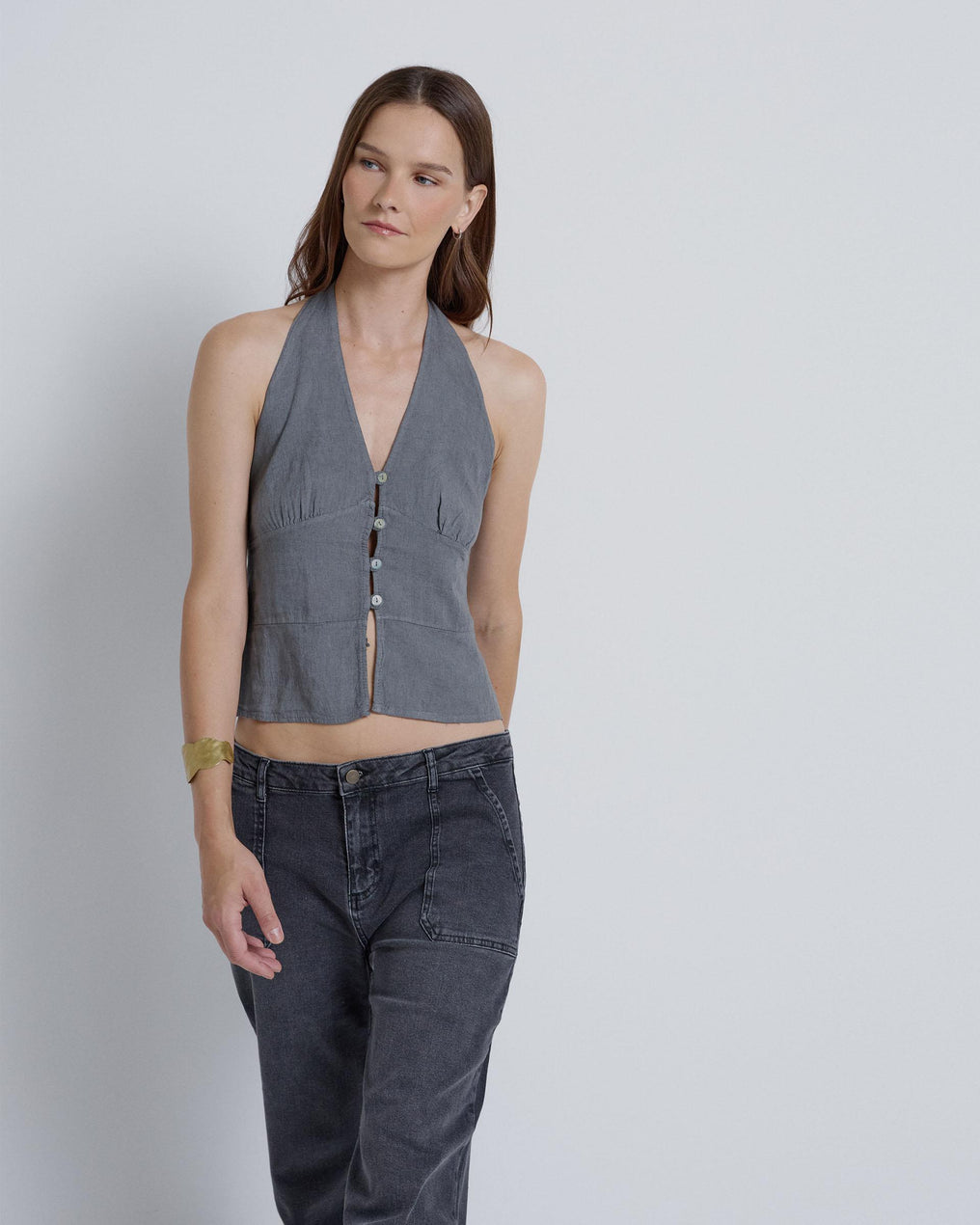 Top Halter com Botões Cinza