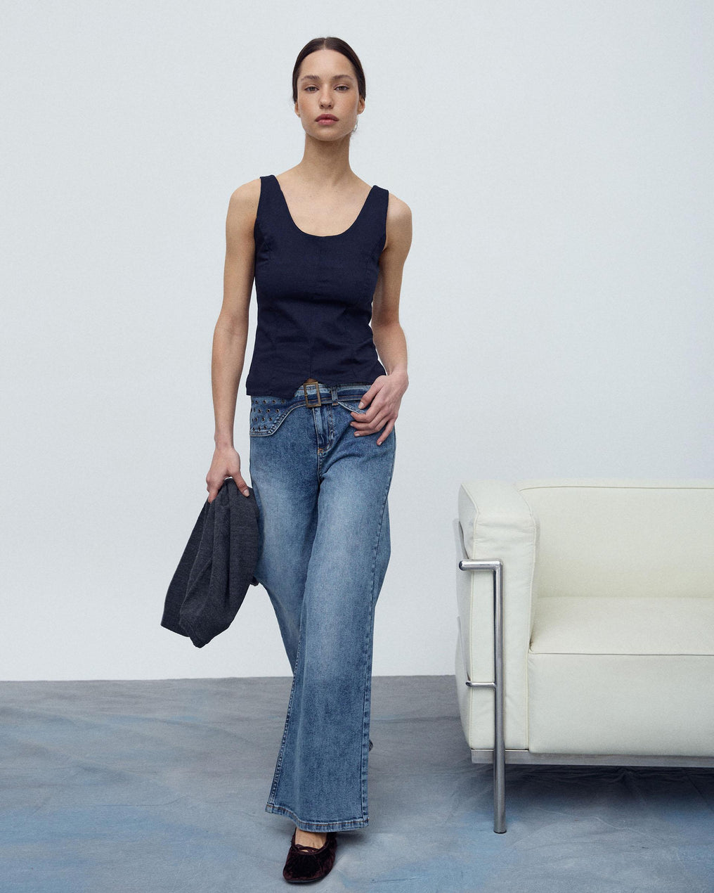Jeans Cinturón Arandelas Azul