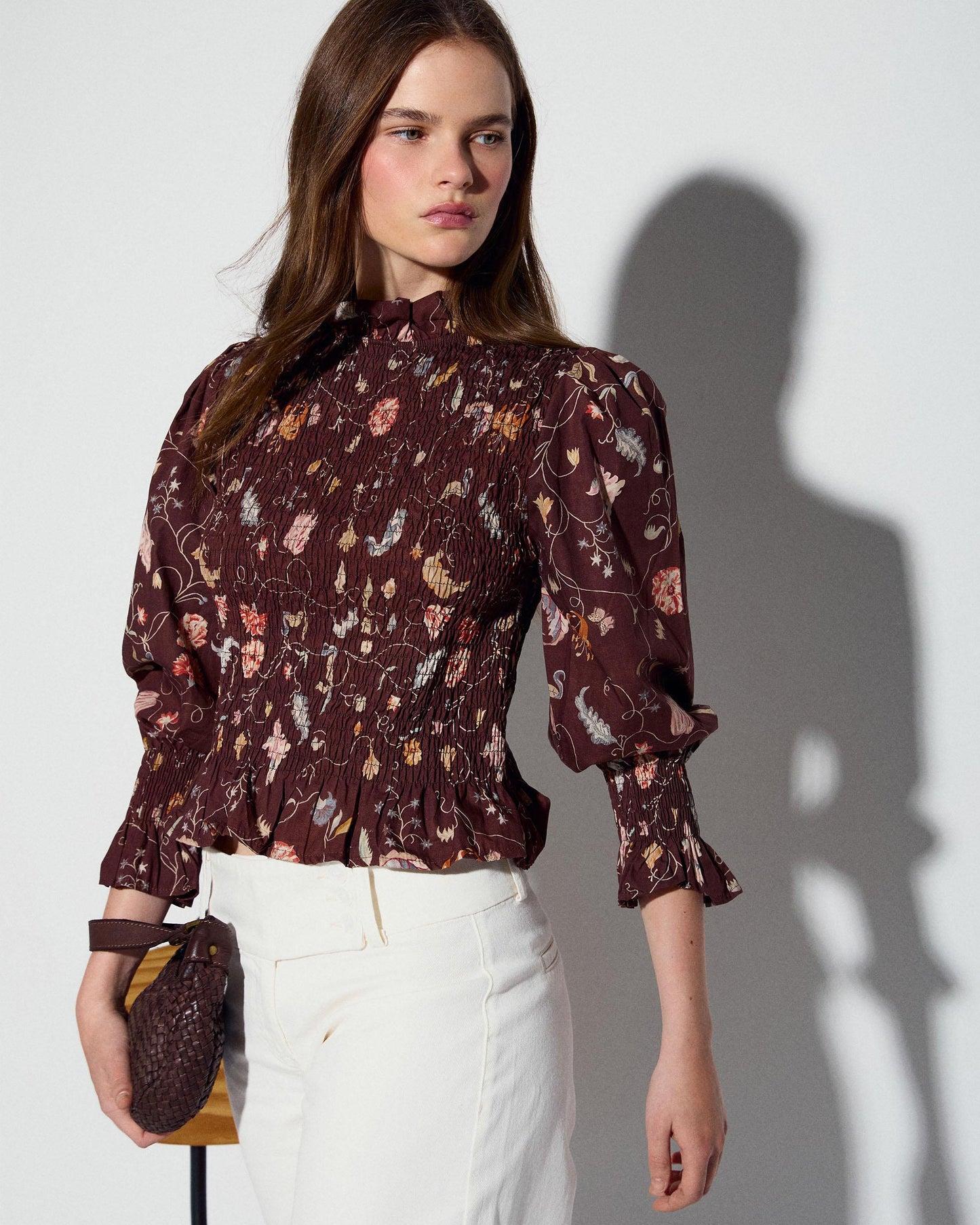 Brown Floral Print Honeycomb Blouse
