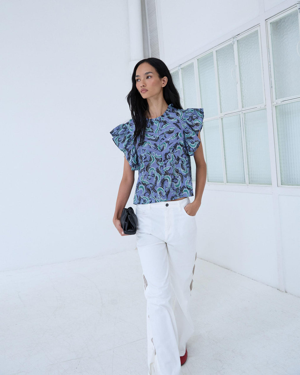 Blusa Manga Curta Volantes Rendas Padrão Azul