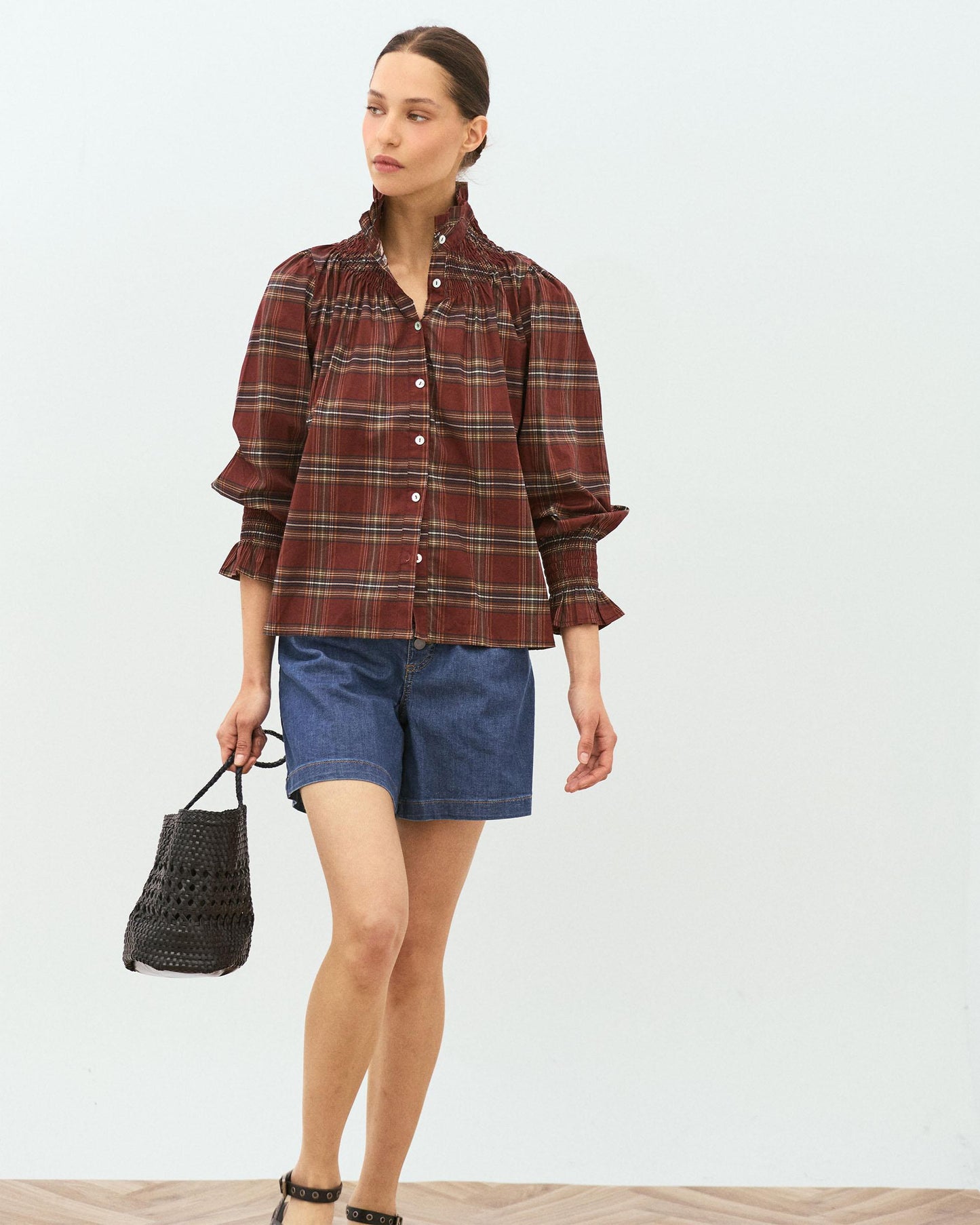 Honeycomb Blouse with Burgundy Checkered Collar