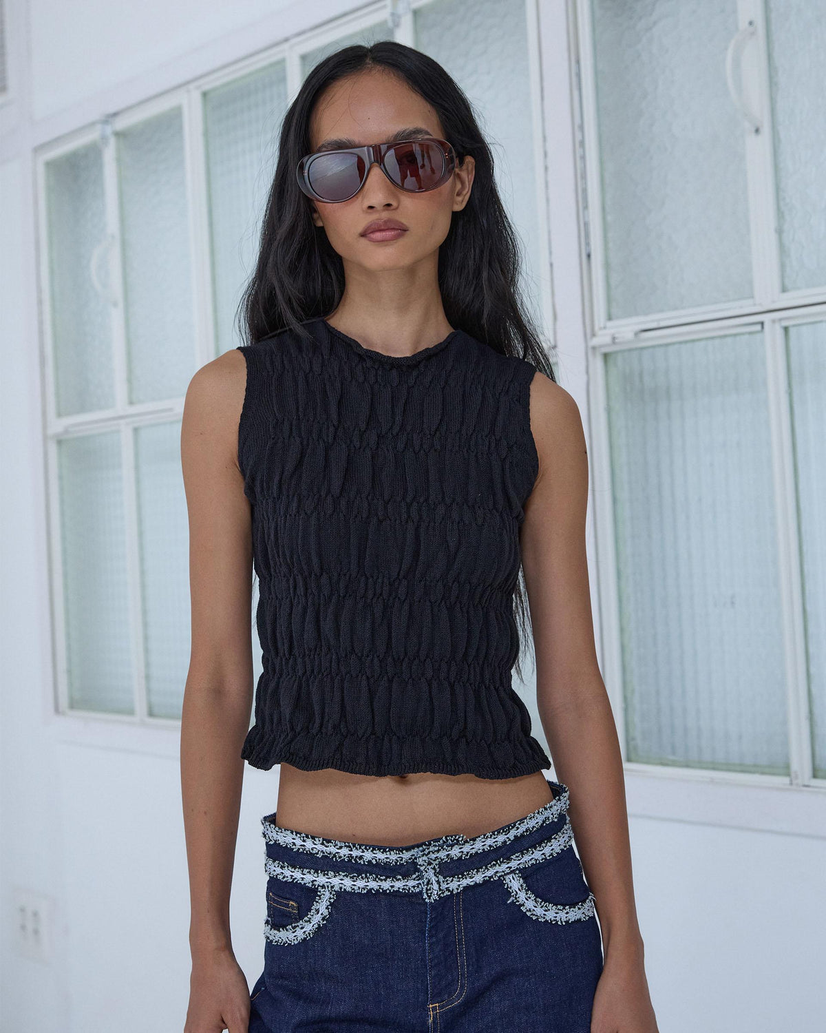 Top en Maille à Élastiques Noir