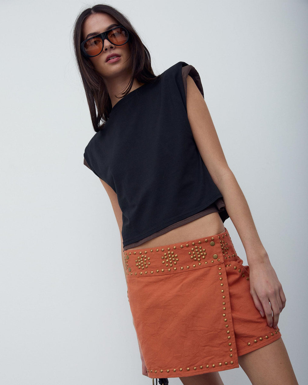 Orange Canvas Studded Mini Skirt