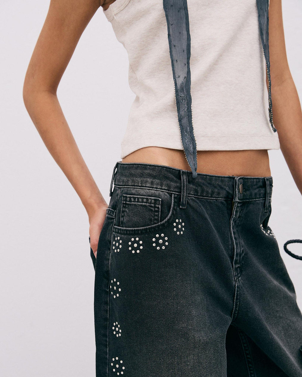 Studded Floral Jeans - Black