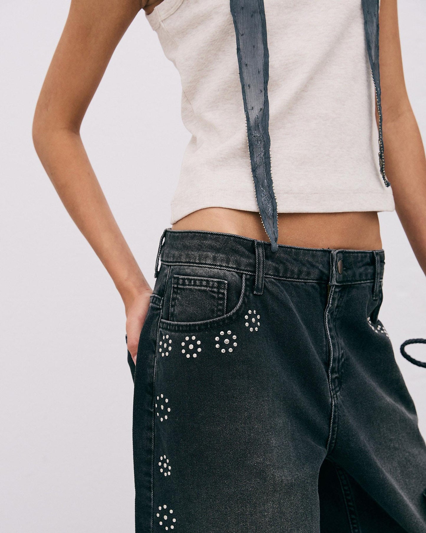 Studded Floral Jeans - Black