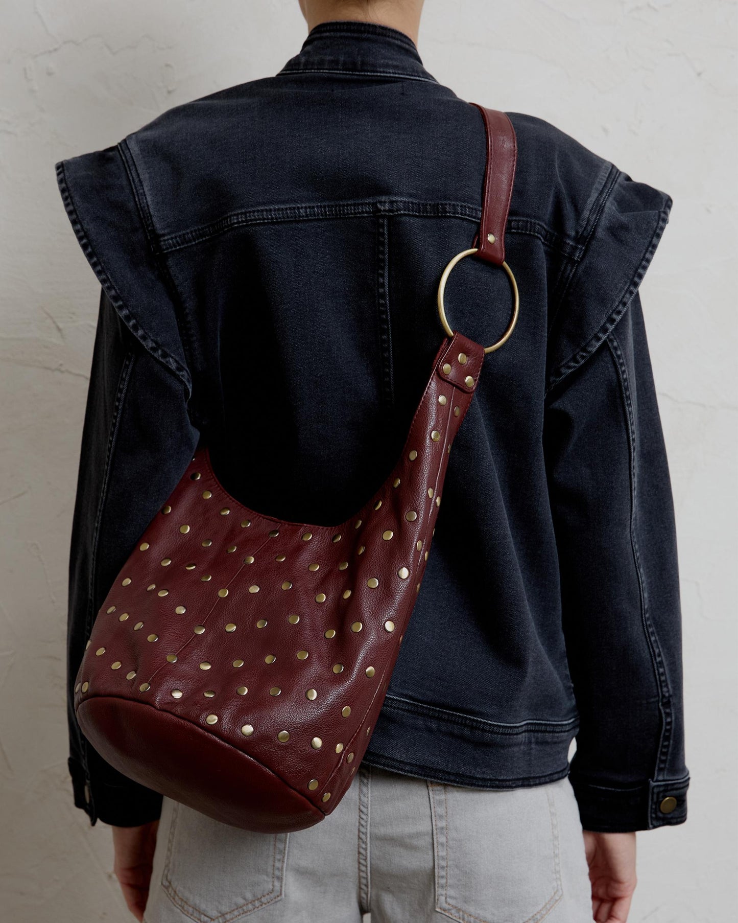 Burgundy Studded Bucket Leather Bag